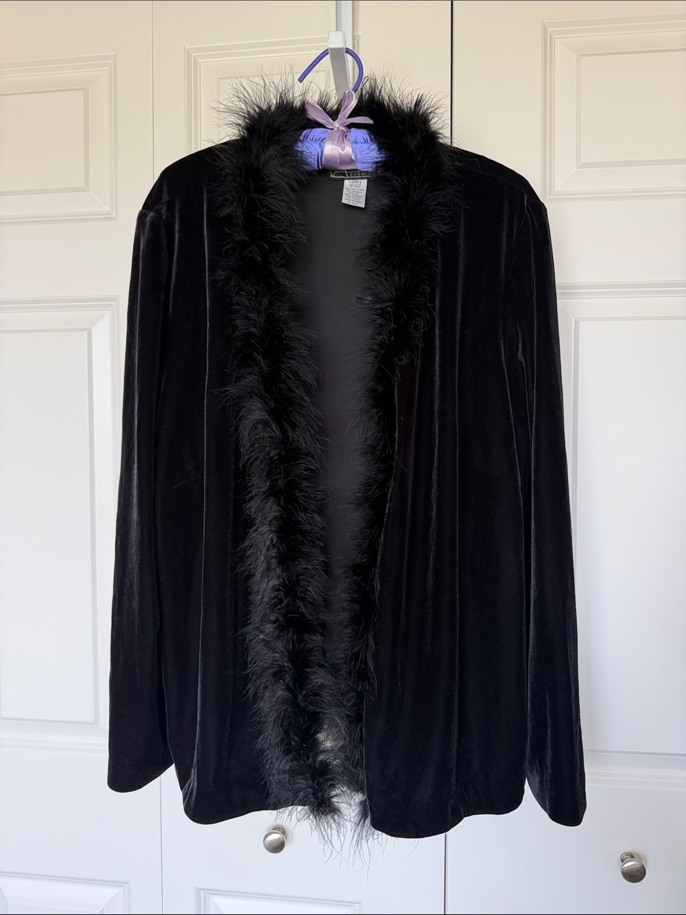 Black Velvet Marabou-Trim Blazer Jacket - Unbranded